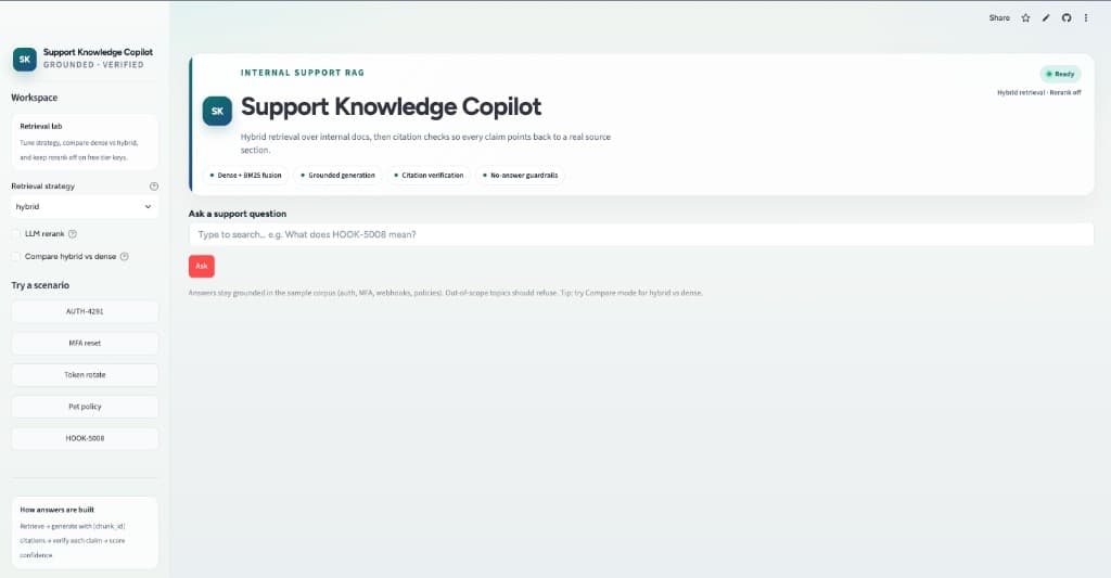 Support Knowledge Copilot with RAG & Citation Verification screenshot